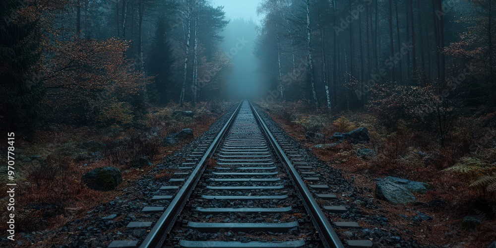 Fototapeta premium Mysterious Train Tracks Through Misty Forest