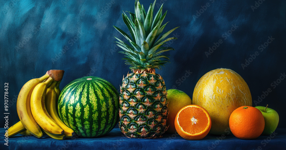 Fresh and vibrant tropical fruits including pineapple, bananas, and a variety of melons, perfect for healthy lifestyle, diet, or food concept photography. Created with AI Fresh and vibrant tropical fruits including pineapple, bananas, and a variety of melons, perfect for healthy lifestyle, diet, or food concept photography. Created with AI