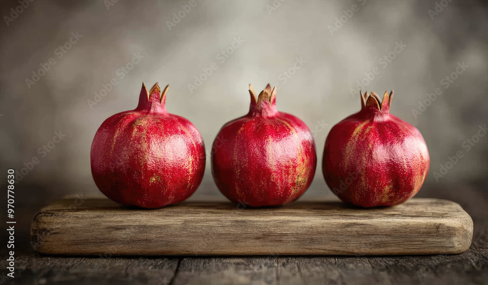 Product photography, a pomegranate on a wooden board with a green cloth, one cut open and the other whole. Created with Ai Product photography, a pomegranate on a wooden board with a green cloth, one cut open and the other whole. Created with Ai