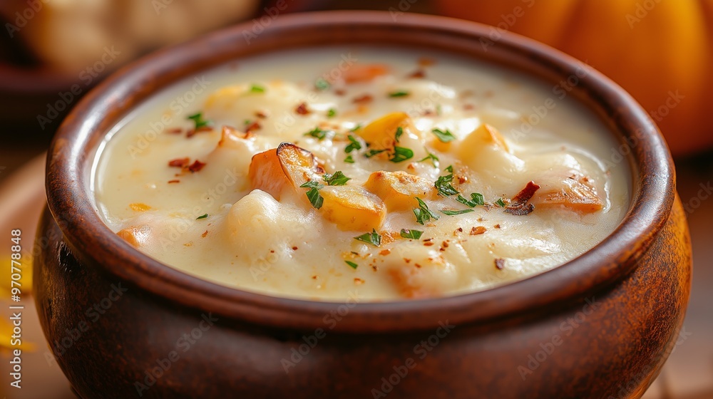 Preparing a comforting bowl of creamy pumpkin soup with fresh herbs and seasonal spices in a cozy kitchen Preparing a comforting bowl of creamy pumpkin soup with fresh herbs and seasonal spices in a cozy kitchen