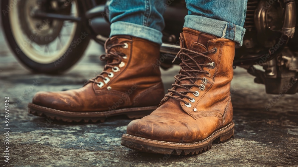 Man in old brown boots. Wallpaper. Motorcycle shoes Man in old brown boots. Wallpaper. Motorcycle shoes