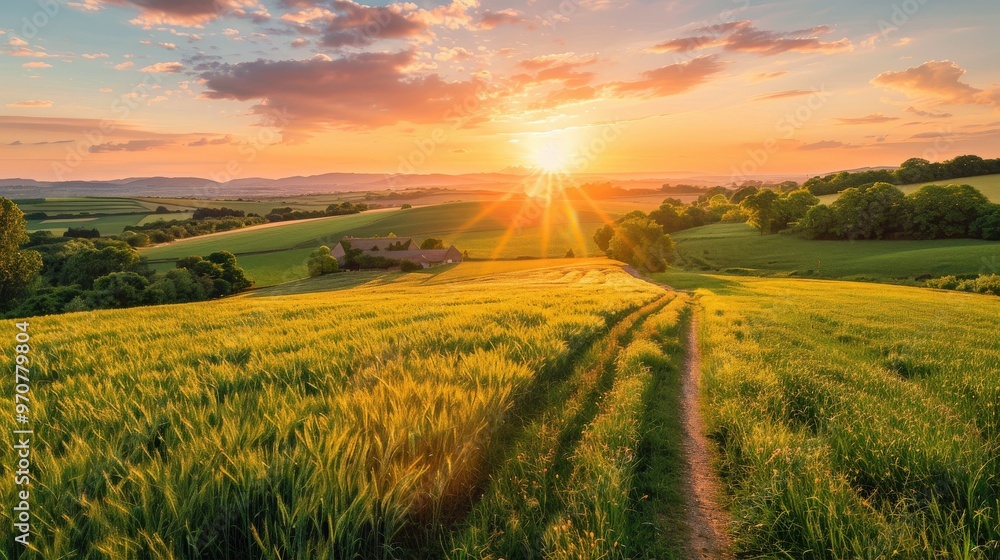 Obraz premium Idyllic countryside with quaint cottages, sprawling fields, and a serene sunset