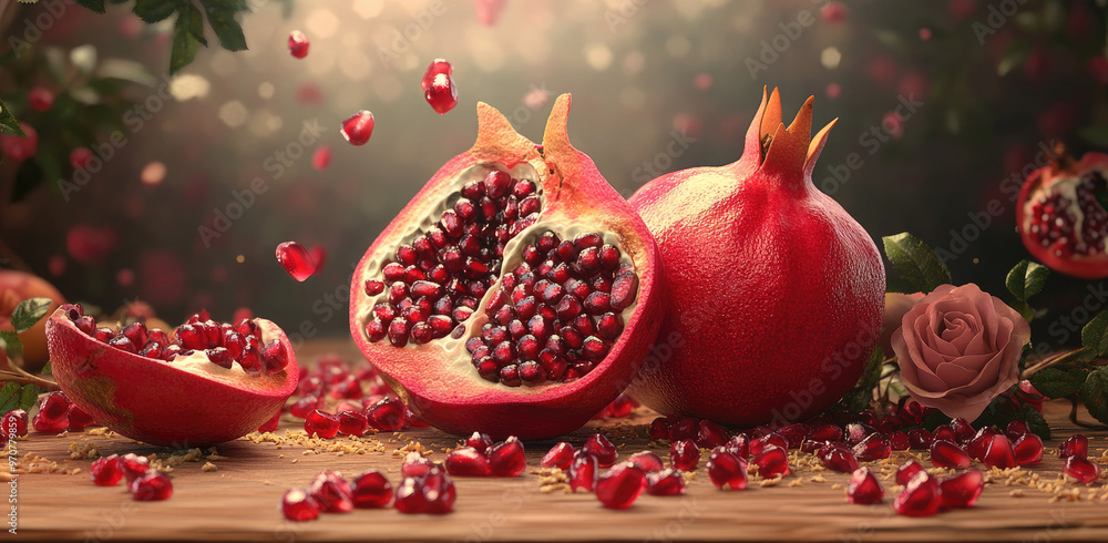An ultra-realistic photograph of a pomegranate cut in half, with the seeds flying out and rose petals scattered around it. Created with AI An ultra-realistic photograph of a pomegranate cut in half, with the seeds flying out and rose petals scattered around it. Created with AI