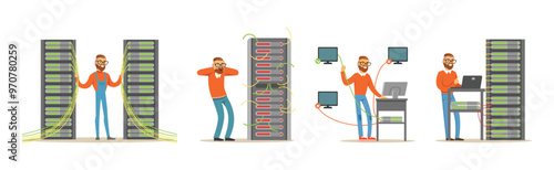 Young Man Sysadmin Character Working on Computer Doing Technical Work with Server Vector Set