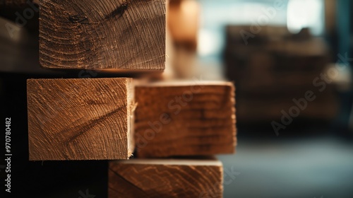 High-resolution lumber stacks in warehouse for construction and design projects photo