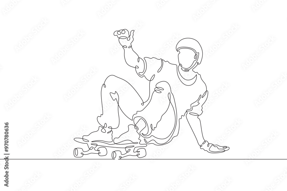 Continuous one line drawing skateboarder on a skateboard. Extreme sport. Skateboarder drifts around a turn. One continuous line isolated minimal illustration.