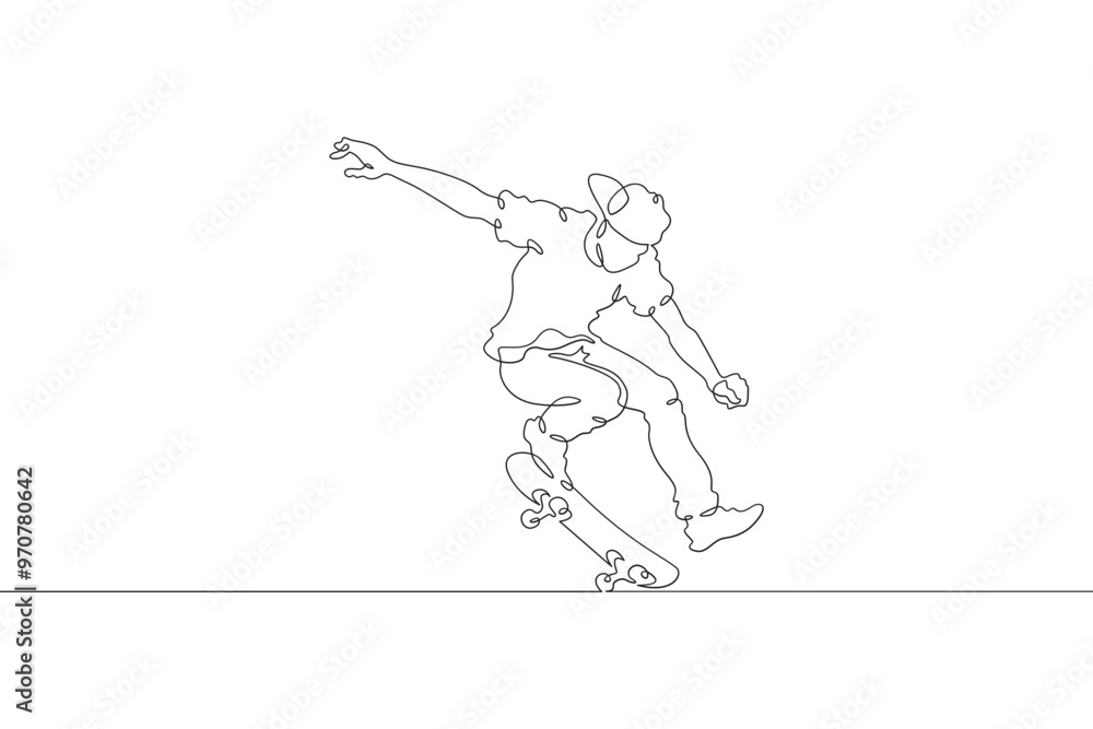 Continuous one line drawing skateboarder on a skateboard. Extreme sport. Skateboarder in a jump. Dangerous trick. One continuous line isolated minimal illustration. Continuous one line drawing skateboarder on a skateboard. Extreme sport. Skateboarder in a jump. Dangerous trick. One continuous line isolated minimal illustration.