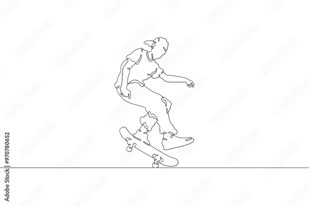 Continuous one line drawing skateboarder on a skateboard. Extreme sport. Skateboarder in a jump. Dangerous trick. One continuous line isolated minimal illustration. Continuous one line drawing skateboarder on a skateboard. Extreme sport. Skateboarder in a jump. Dangerous trick. One continuous line isolated minimal illustration.