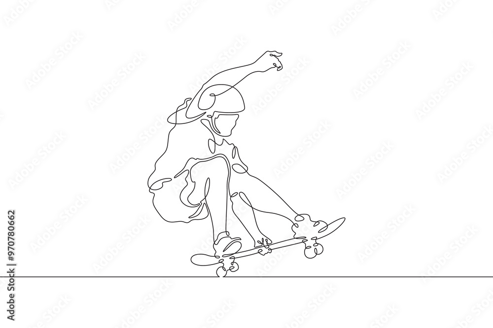 Fototapeta premium Continuous one line drawing skateboarder on a skateboard. Extreme sport. Skateboarder in a jump. Dangerous trick. One continuous line isolated minimal illustration.