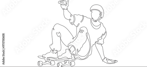 Continuous one line drawing skateboarder on a skateboard. Extreme sport. Skateboarder drifts around a turn. One continuous line isolated minimal illustration.