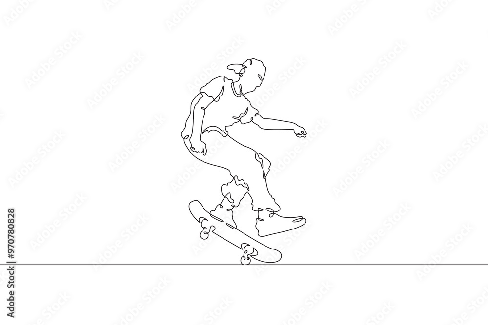 Continuous one line drawing skateboarder on a skateboard. Extreme sport. Skateboarder in a jump. Dangerous trick. One continuous line isolated minimal illustration. Continuous one line drawing skateboarder on a skateboard. Extreme sport. Skateboarder in a jump. Dangerous trick. One continuous line isolated minimal illustration.