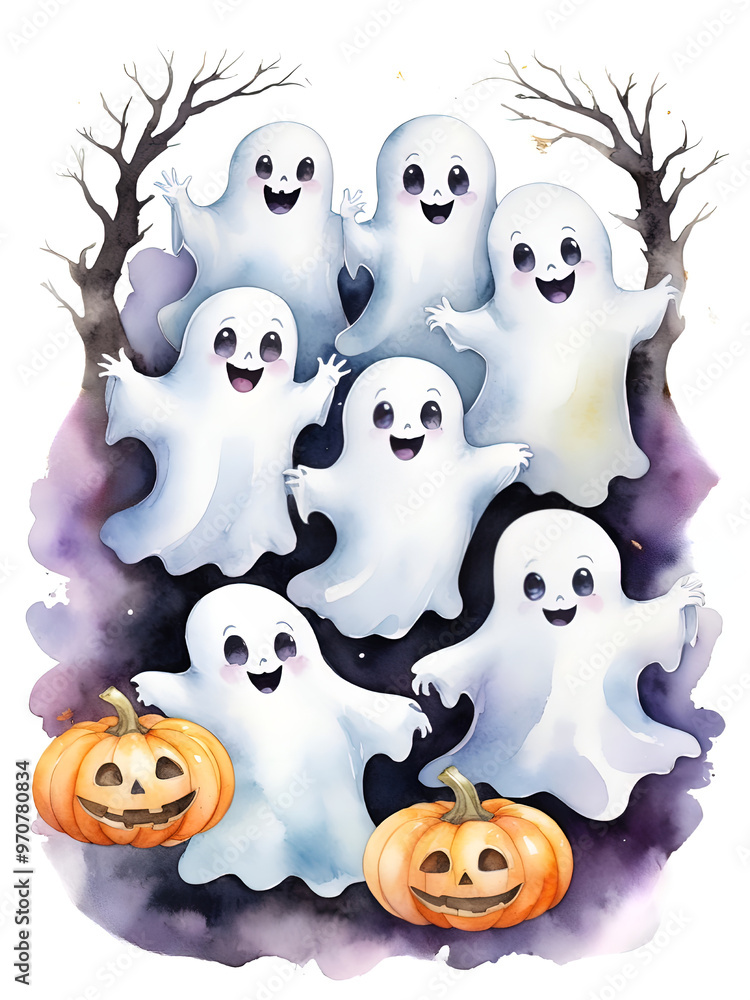 Obraz premium Adorable Ghosts with Jack-o'-Lantern Pumpkins | Cute Halloween-Themed Design for Invitations, Posters, and Cards | Fun and Playful Ghosts for Spooky Halloween Art