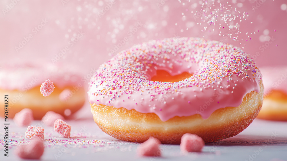 Delicious glazed donuts flying in the air with sprinkles on a pink background. Bakery, baking concept. Levitation. Banner, menu poster. Recipe. Yummy doughnuts with glaze Delicious glazed donuts flying in the air with sprinkles on a pink background. Bakery, baking concept. Levitation. Banner, menu poster. Recipe. Yummy doughnuts with glaze