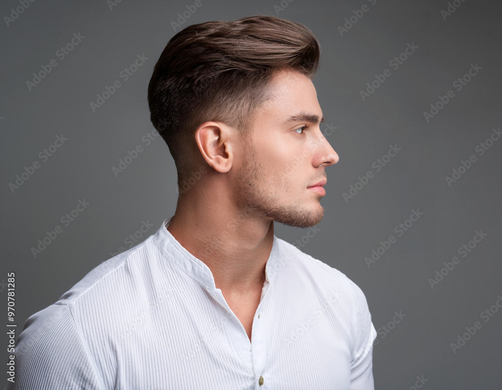 Portrait of handsome model man wearing white shirt with fashion short hair in profile side view isolated grey background Portrait of handsome model man wearing white shirt with fashion short hair in profile side view isolated grey background
