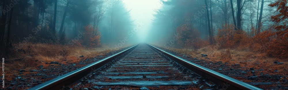 Mysterious Train Tracks Through Misty Forest Mysterious Train Tracks Through Misty Forest