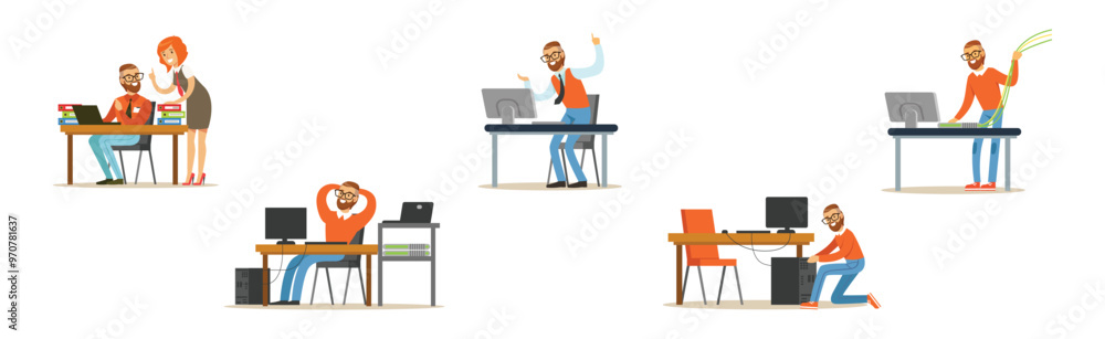 Young Man Sysadmin Character Working on Computer Doing Technical Work with Server Vector Set Young Man Sysadmin Character Working on Computer Doing Technical Work with Server Vector Set