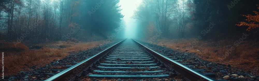 Fototapeta premium Mysterious Train Tracks Through Misty Forest