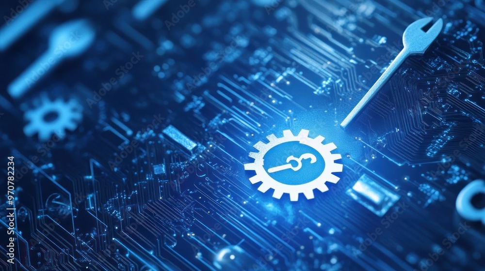 Key and Wrench in Gear on Circuit Board Key and Wrench in Gear on Circuit Board