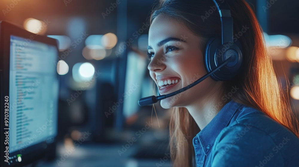 Young friendly operator woman agent with headsets working in a call centre. Young friendly operator woman agent with headsets working in a call centre.