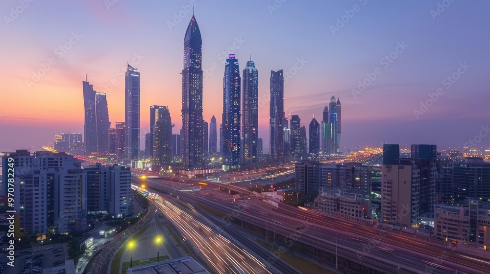Fototapeta premium Modern city skyline with towering skyscrapers, bustling streets, and vibrant city lights at dusk