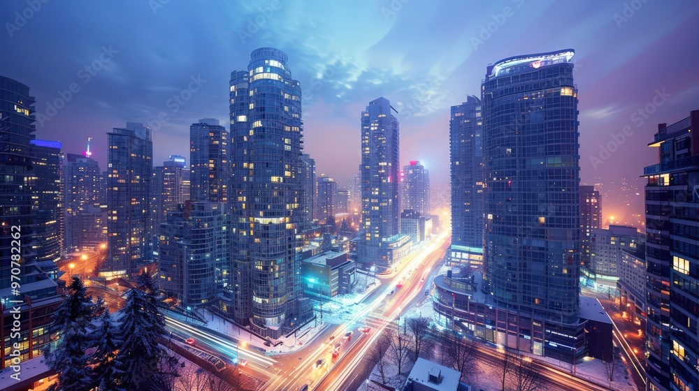 Modern city skyline with towering skyscrapers, bustling streets, and vibrant city lights at dusk Modern city skyline with towering skyscrapers, bustling streets, and vibrant city lights at dusk