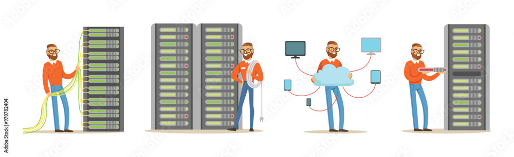 Young Man Sysadmin Character Working on Computer Doing Technical Work with Server Vector Set Young Man Sysadmin Character Working on Computer Doing Technical Work with Server Vector Set