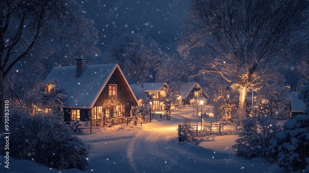 A peaceful winter night scene with snow-covered houses and warm lights glowing from the windows. A peaceful winter night scene with snow-covered houses and warm lights glowing from the windows.