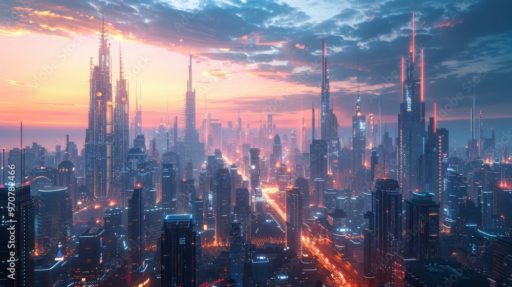 Naklejka premium Futuristic cityscape with sleek high-rise buildings, neon lights, and advanced transportation systems