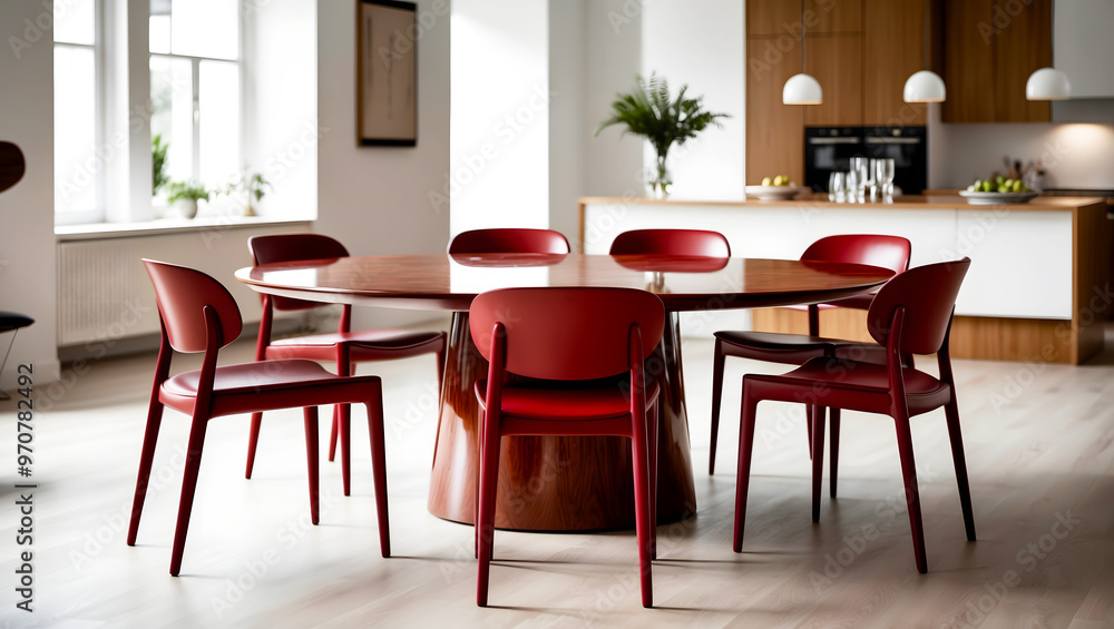 Modern Dining Room with Red Chairs and Wooden Table in Stylish Kitchen Modern Dining Room with Red Chairs and Wooden Table in Stylish Kitchen