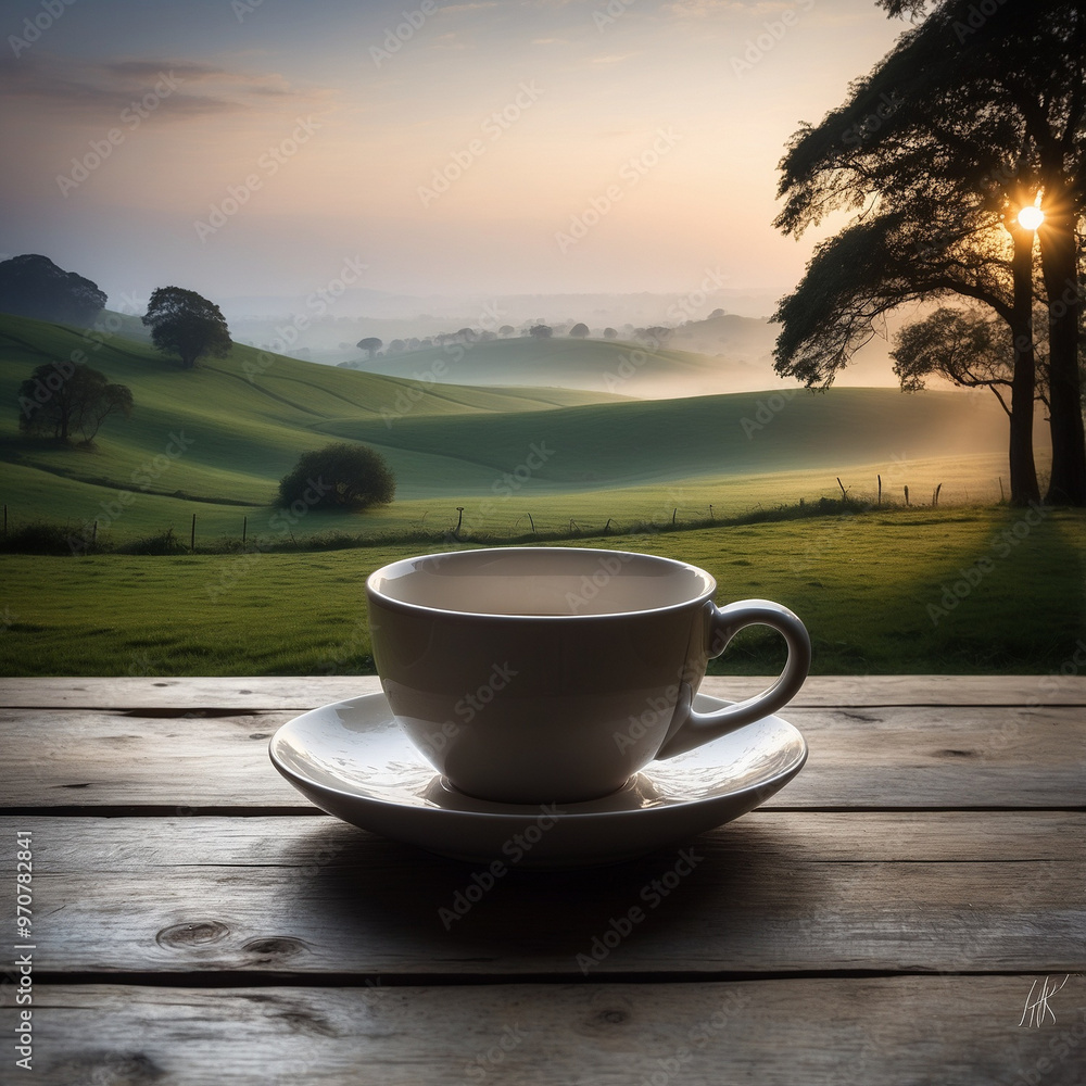 A cup of coffee on a wooden surface against the background of dawn in the green hills A cup of coffee on a wooden surface against the background of dawn in the green hills