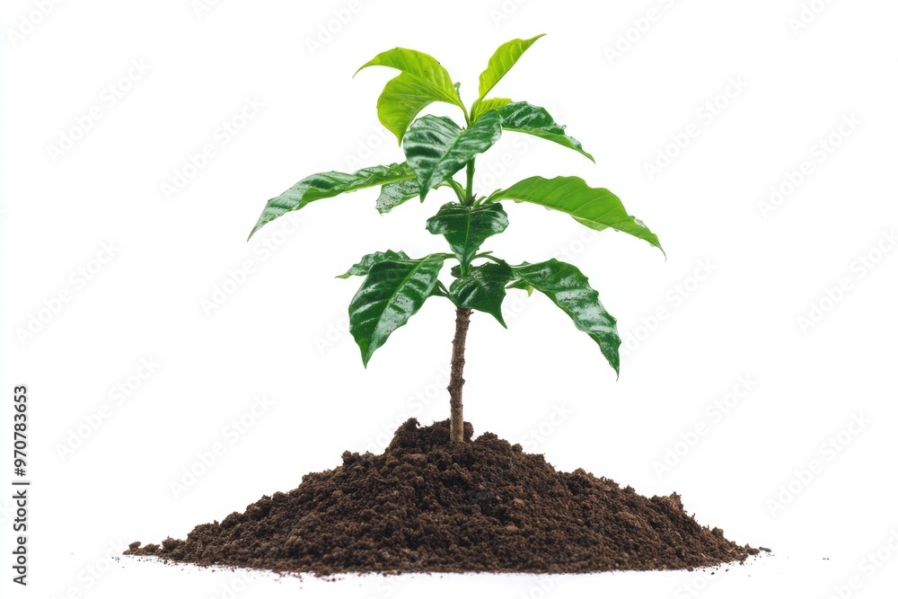 coffee plant tree growing seedling in soil isolated on white background coffee plant tree growing seedling in soil isolated on white background