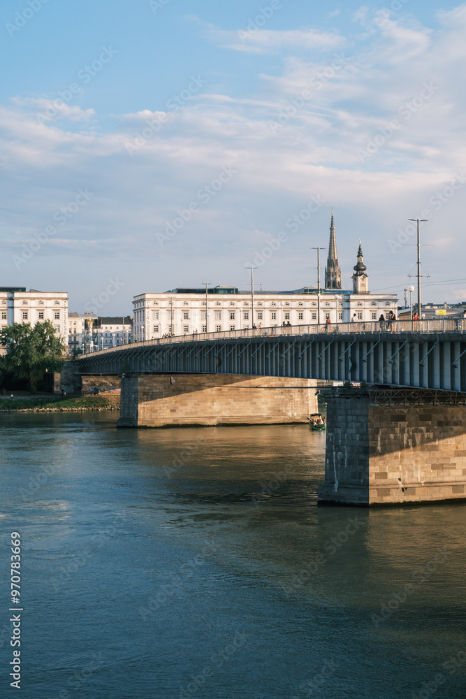 Bridge Over the Danube in Linz with University of Linz and Cityscape View Bridge Over the Danube in Linz with University of Linz and Cityscape View
