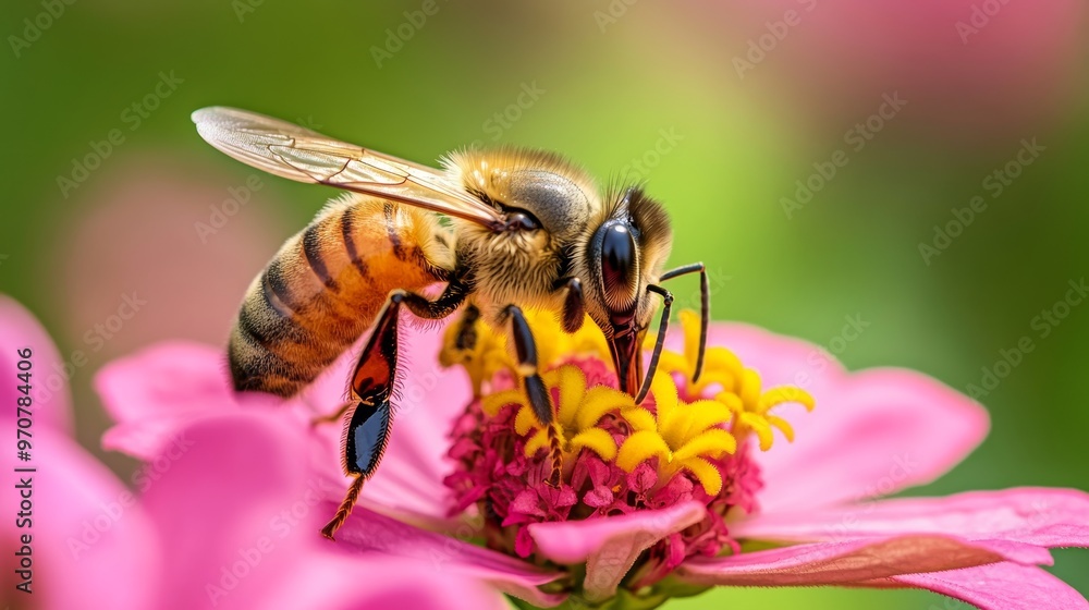 An European Honey Bee (Apis mellifera) pollinating a pink zinnia flower. Long Island New York USA