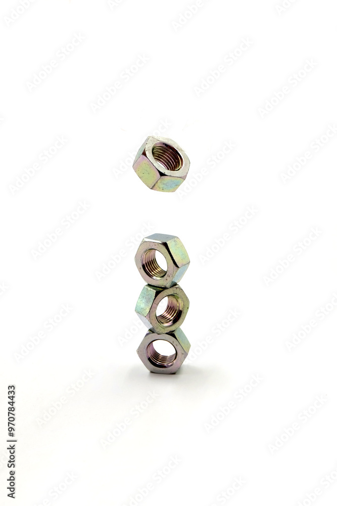 silver nut on white, Close-up of bolts on white background silver nut on white, Close-up of bolts on white background