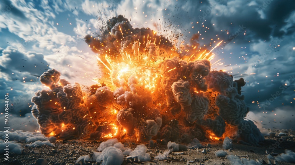 A massive fireball explodes in the sky, releasing a huge cloud of smoke A massive fireball explodes in the sky, releasing a huge cloud of smoke