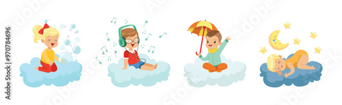 Smiling Kids Sitting on Soft Cloud and Doing Different Things Vector Illustration Set