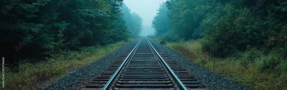 Fototapeta premium Mysterious Train Tracks Through Misty Forest