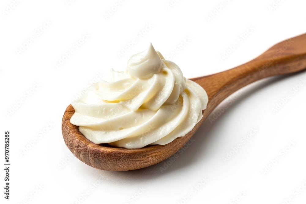 A wooden spoon filled with whipped cream, perfect for topping desserts or adding a sweet touch to your presentation A wooden spoon filled with whipped cream, perfect for topping desserts or adding a sweet touch to your presentation
