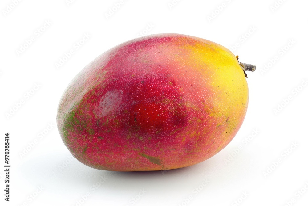 A ripe mango sits alone on a white surface, ideal for food photography or packaging design A ripe mango sits alone on a white surface, ideal for food photography or packaging design