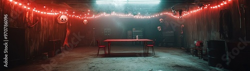 A decrepit carnival booth with a Halloween freak show theme, displaying unsettling props and eerie lighting, with ample copy space for event promotion. photo