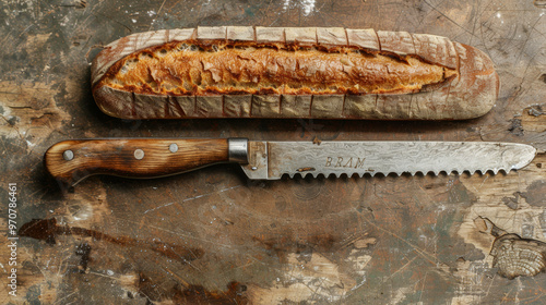 Bread Knife: Serrated knife used for slicing bread loaves photo