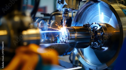 A machine is in the process of cutting metal. Concept of precision and focus, as the machine is working to create a specific shape or design