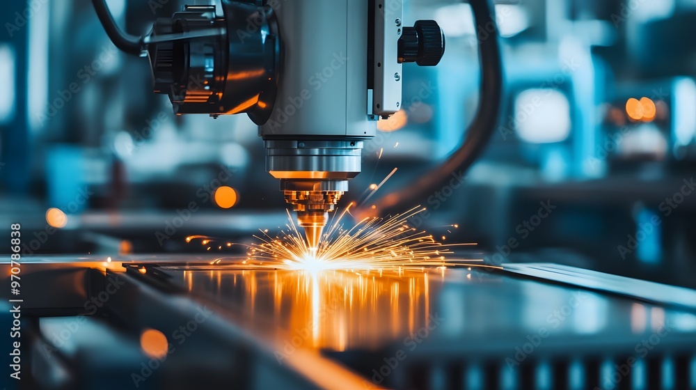 A metal cutting machine is in the foreground with sparks flying out of it. Concept of power and energy, as well as the potential danger of working with such equipment A metal cutting machine is in the foreground with sparks flying out of it. Concept of power and energy, as well as the potential danger of working with such equipment