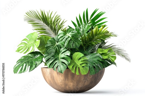 Tropical foliage plant arrangement for indoor gardens on white backdrop. photo