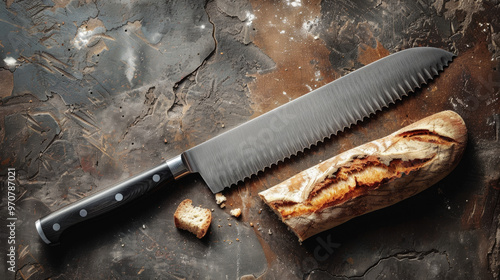 Bread Knife: Serrated knife used for slicing bread loaves photo