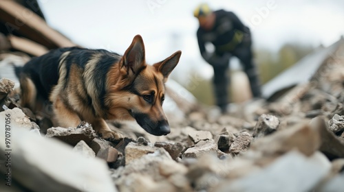 Search and rescue team with dog in rubble - need for spring relief efforts photo