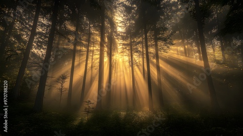 Golden Sunlight Beams Through Foggy Forest Trees photo