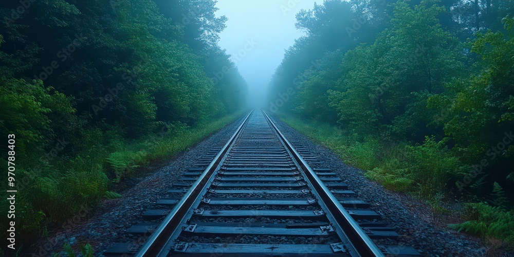 Mysterious Train Tracks Through Misty Forest Mysterious Train Tracks Through Misty Forest