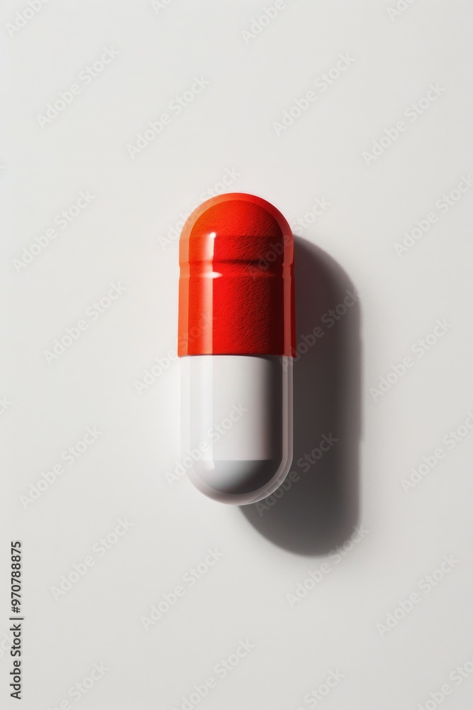 A single red and white pill sits on a white surface, ideal for use in medical or pharmaceutical illustrations A single red and white pill sits on a white surface, ideal for use in medical or pharmaceutical illustrations