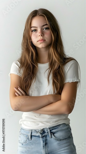 Portrait of a Young Woman with Arms Crossed, Serious Expression, Casual Clothing.